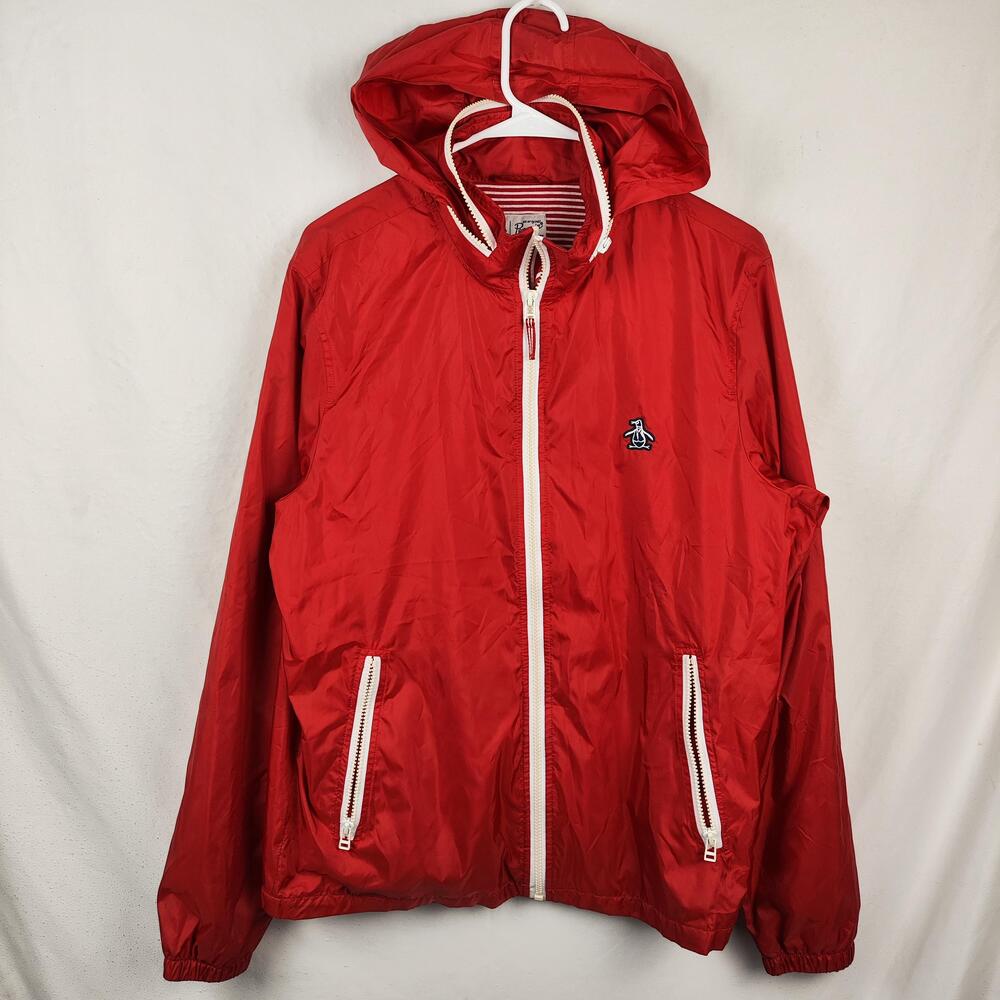 Original Penguin Jacket Mens Medium Red Hooded Full Zip Windbreaker Lined Logo
